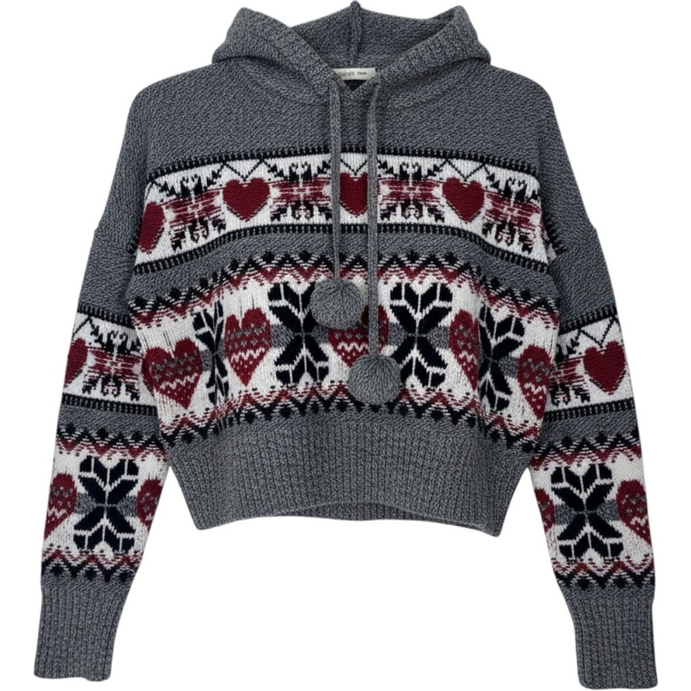 Yet Again Womens Grey Fair Isle Heart Sherpa Lined Cropped Hoodie Sweater Medium